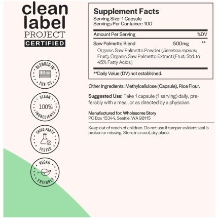 Wholesome Story 鋸棕櫚萃取膠囊 - 男女適用荷爾蒙平衡配方 (500mg/粒,100天份量)