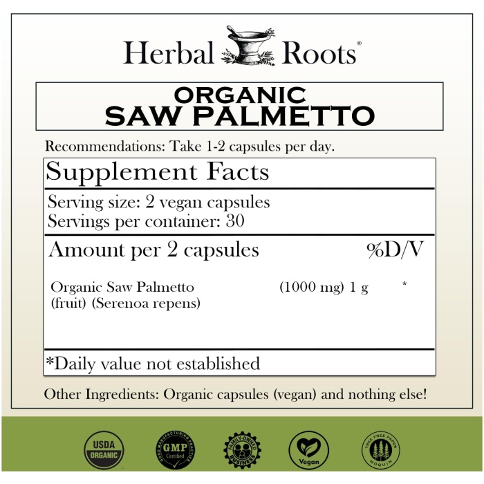 Herbal Roots 有機鋸棕櫚膠囊 1,000毫克 x 60粒有機純素膠囊