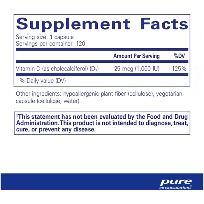 Pure Encapsulations 維生素 D3 25 微克 (1000 IU) 優質維生素 D x 120 粒膠囊