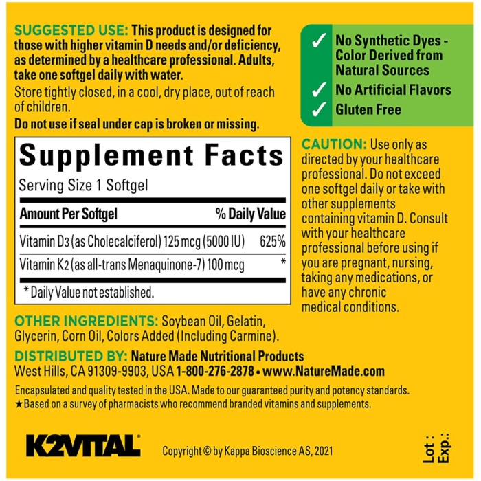 Nature Made 維生素 D3 與 K2，5000 IU 125 微克 x 30 粒軟膠囊 (2 瓶裝)