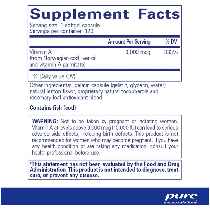 Pure Encapsulations Vitamin A - 3,000 mcg - from Cod Liver Oil - Immune & Vision Support* - Vitamin A Palmitate Supplement - Non-GMO - 120 Softgel Capsules