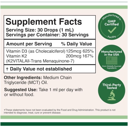 Double Wood Supplements 維生素 D3 K2 5000 IU 液態滴劑 | 最大吸收液態維生素 D 滴劑 | 30 次用量